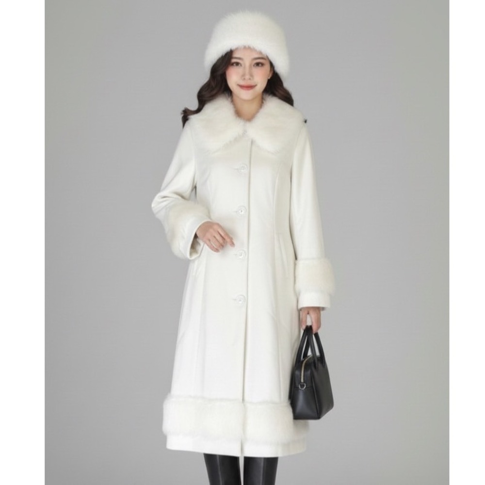 New LUXE Especially Yours IVORY OVERCOAT LONG COAT JACKET Faux Fur Trim w/Hat  M